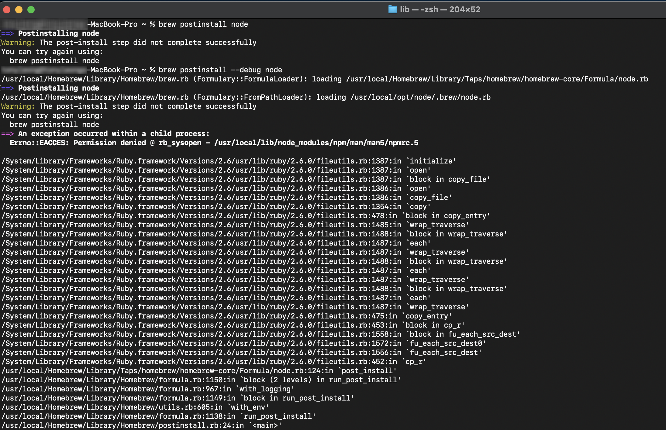 Brew postinstall node Error : “post-install step did not complete successfully”