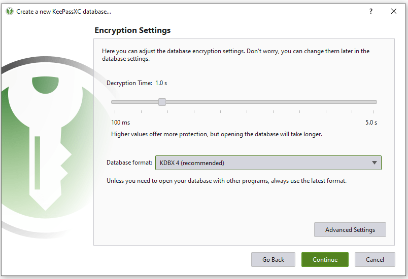 keepass encryption settings