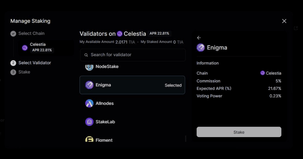 Celestia Staking - Choose a Validator